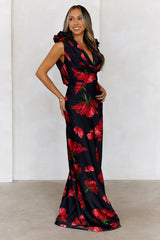 Falling Petals Satin Maxi Dress Black