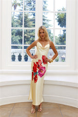 Rebellious Rose Halter Satin Maxi Dress Yellow
