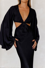 Twilight Goddess Satin Long Sleeve Maxi Dress Black