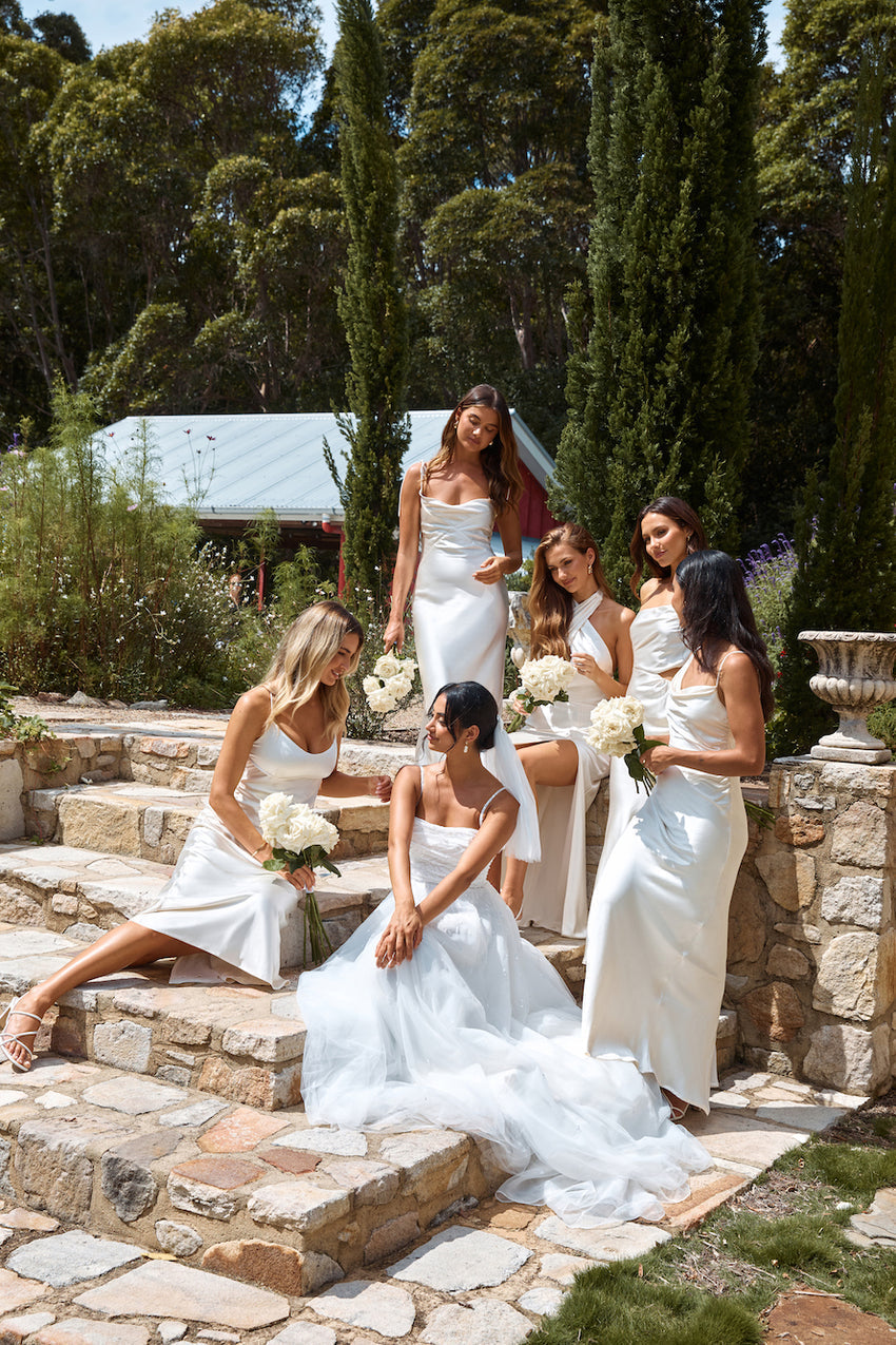 The Madeline Cowl Satin Maxi Dress Pearl