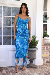 Out Of League Mesh Frill Midi Dress Blue