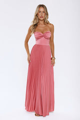 Sassy Sunshine Satin Pleated Strapless Maxi Dress Rose