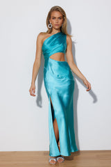 Poker Faced Satin Maxi Dress Aqua