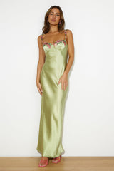 Flower Chains Satin Maxi Dress Green