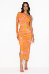 Relationship Bond One Shoulder Mesh Midi Dress Orange