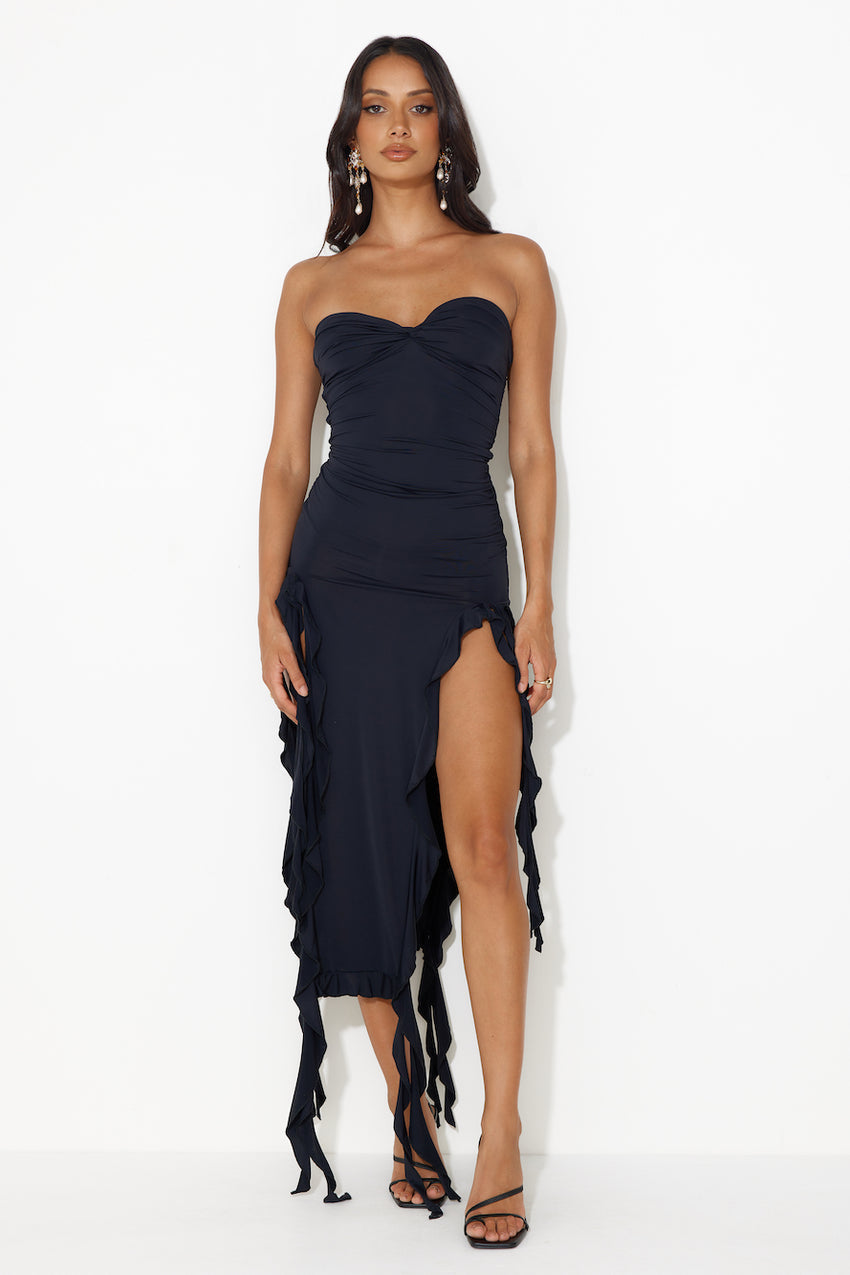 All The Frills Strapless Midi Dress Black