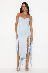 All The Frills Strapless Midi Dress Baby Blue