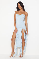 All The Frills Strapless Midi Dress Baby Blue