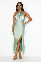 High Shine Nights Halter Satin Maxi Dress Sage