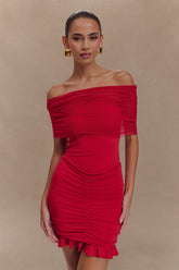 Caspian Slinky And Mesh Off Shoulder Mini Dress - Ruby