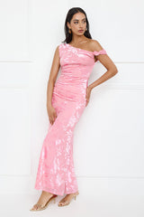 Sultry Poise Mesh Off Shoulder Maxi Dress Pink