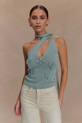 Leone One Shoulder Metallic Knit Top - Aqua