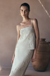 Casey Linen Corded Embroidered Linen Top - Natural