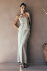 Casey Linen Embroidered Maxi Skirt - Natural