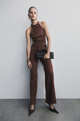 Logan Faux Suede Halter Top - Dark Chocolate