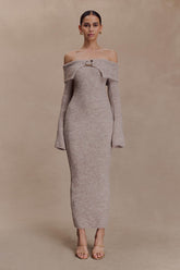 Baxter Off Shoulder Fluffy Knit Midi Dress - Taupe Marle