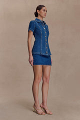 Ellie Denim Short Sleeve Top - Dark Blue