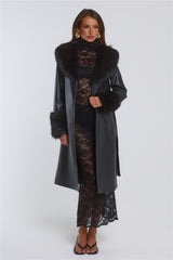 The Front Row Belted Faux Leather Fur Coat Black