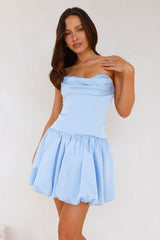 Dreamy Valencia Strapless Bubble Satin Mini Dress Blue