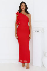 Limitless Vibes One Shoulder Mesh Maxi Dress Red