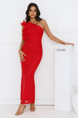 Limitless Vibes One Shoulder Mesh Maxi Dress Red