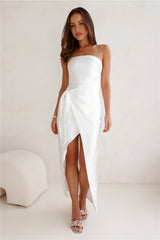 Miss To Mrs Strapless Satin Midi Dress White
