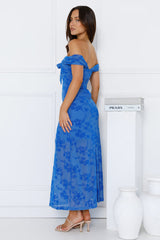 Girly Luxe Off Shoulder Mesh Maxi Dress Blue
