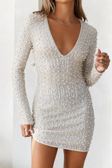 Exclusivity Mesh Long Sleeve Sequin Mini Dress Pearl