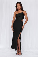 The Opal One Shoulder Satin Maxi Dress Black