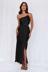 The Opal One Shoulder Satin Maxi Dress Black
