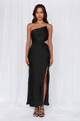 The Opal One Shoulder Satin Maxi Dress Black