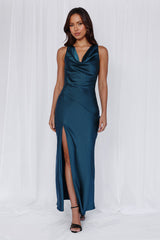 The Loretta Cowl Satin Maxi Dress Teal