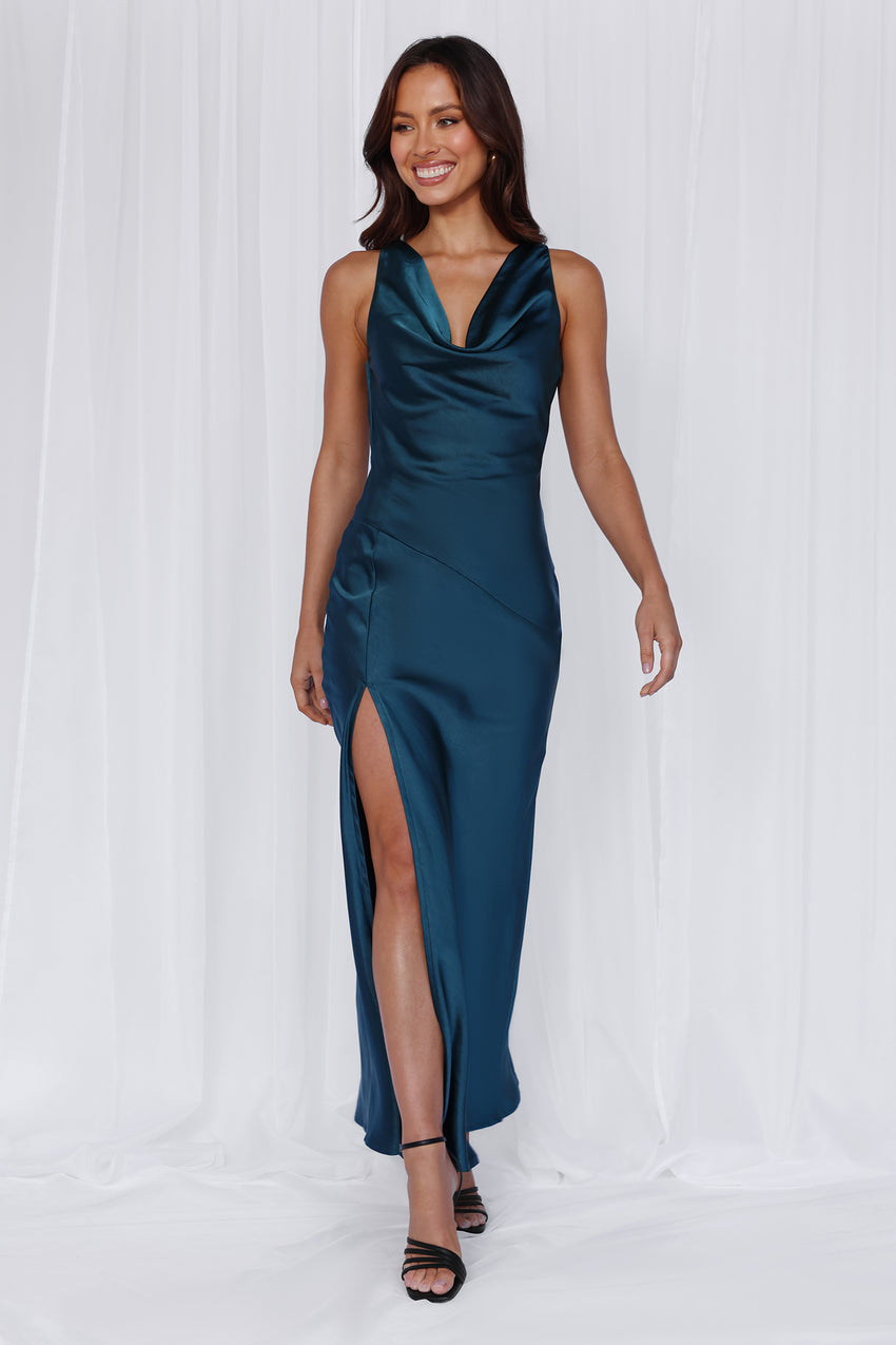 The Loretta Cowl Satin Maxi Dress Teal