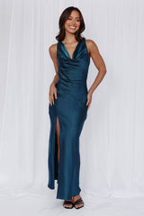 The Loretta Cowl Satin Maxi Dress Teal