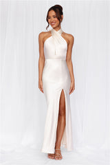 The Adeline Halter Satin Maxi Dress Pearl