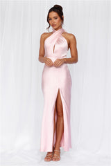 The Adeline Halter Satin Maxi Dress Pink