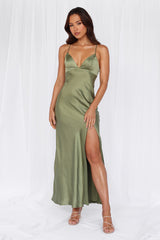 The Sophia Satin Maxi Dress Olive