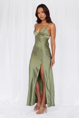 The Sophia Satin Maxi Dress Olive