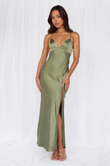 The Sophia Satin Maxi Dress Olive