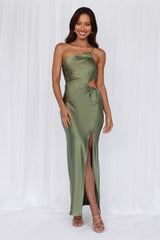 The Opal One Shoulder Satin Maxi Dress Olive