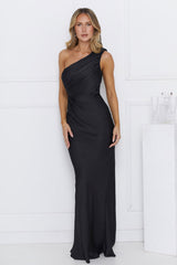 Chase Your Power One Shoulder Satin Maxi Dress Black