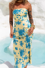 Language Of Blooms Satin Strapless Maxi Dress Yellow