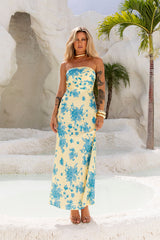 Language Of Blooms Satin Strapless Maxi Dress Yellow