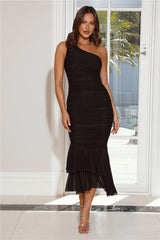 In The Twilight One Shoulder Mesh Maxi Dress Black