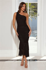 In The Twilight One Shoulder Mesh Maxi Dress Black
