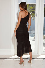 In The Twilight One Shoulder Mesh Maxi Dress Black