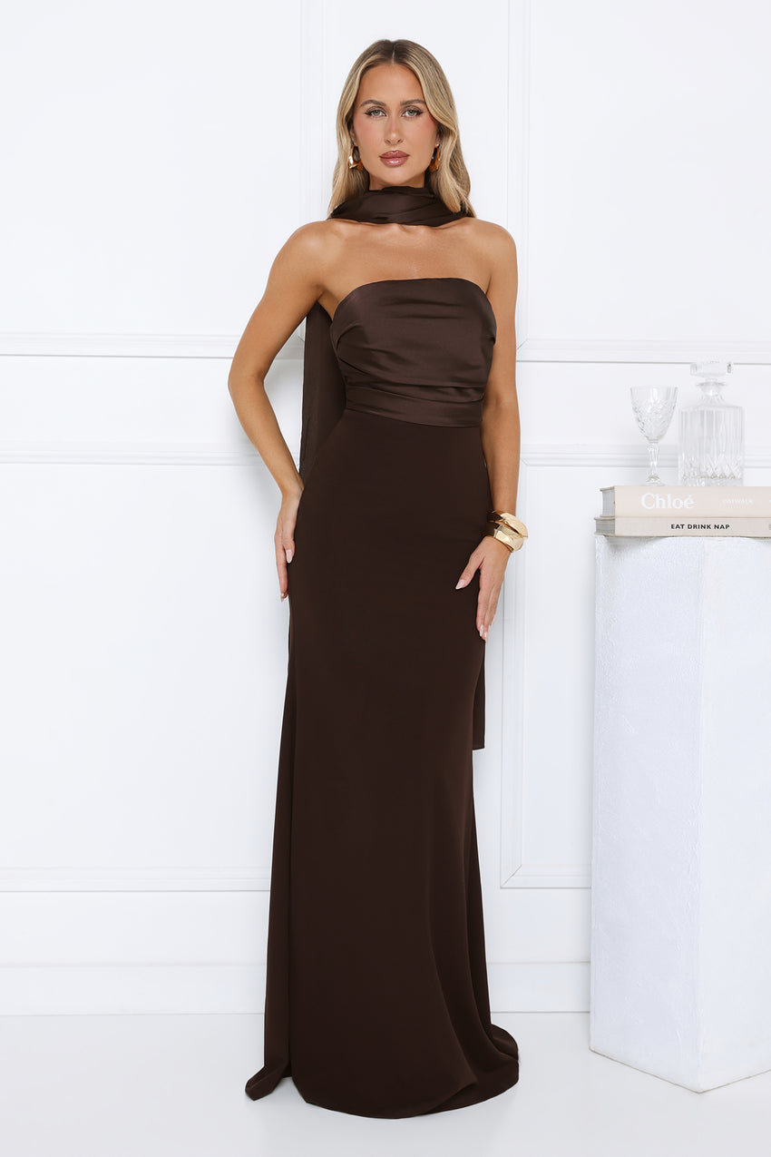Luxe Nights Strapless Maxi Dress Chocolate