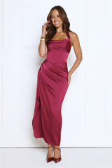 Dreamy And Sophisticated Satin Halter Midi Dress Wine