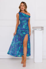 Daring Diva Mesh Off Shoulder Midi Dress Blue