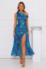 Daring Diva Mesh Off Shoulder Midi Dress Blue